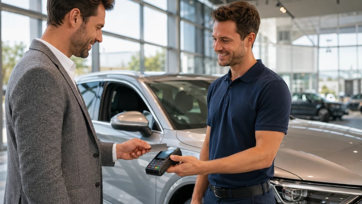 Kunde hält im Autohaus seine Karte an das Terminal, das ihm ein Mitarbeiter entgegenhält.