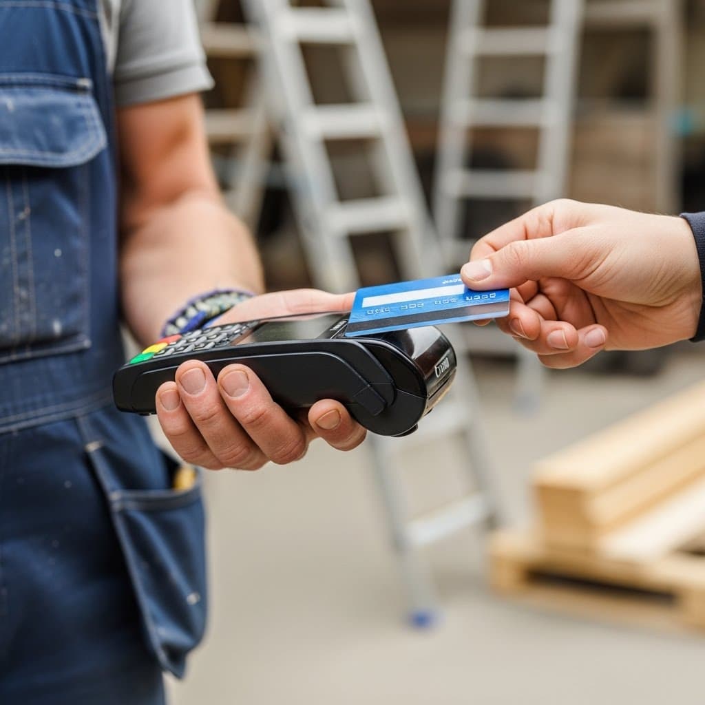 Handwerker in Latzhose hält ein Kartenterminal, an das ein Kunde seine Karte hält.
