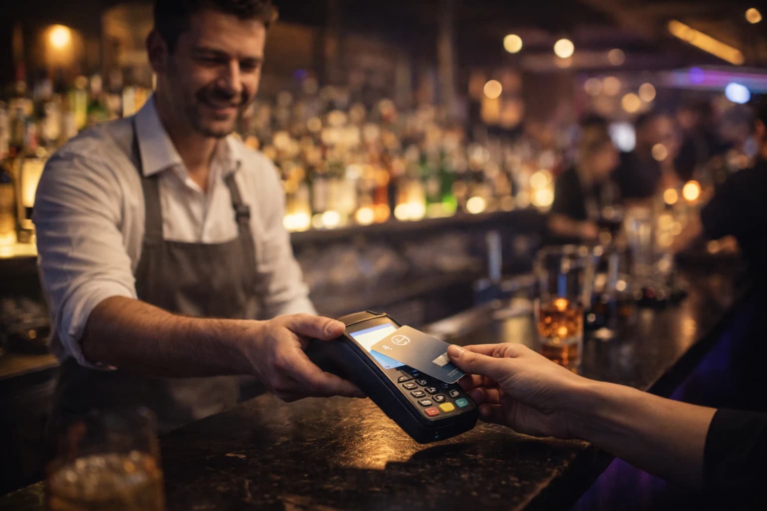 Barkeeper hält einem Gast das Kartenterminal hin, der seine Karte kontaktlos auflegt.