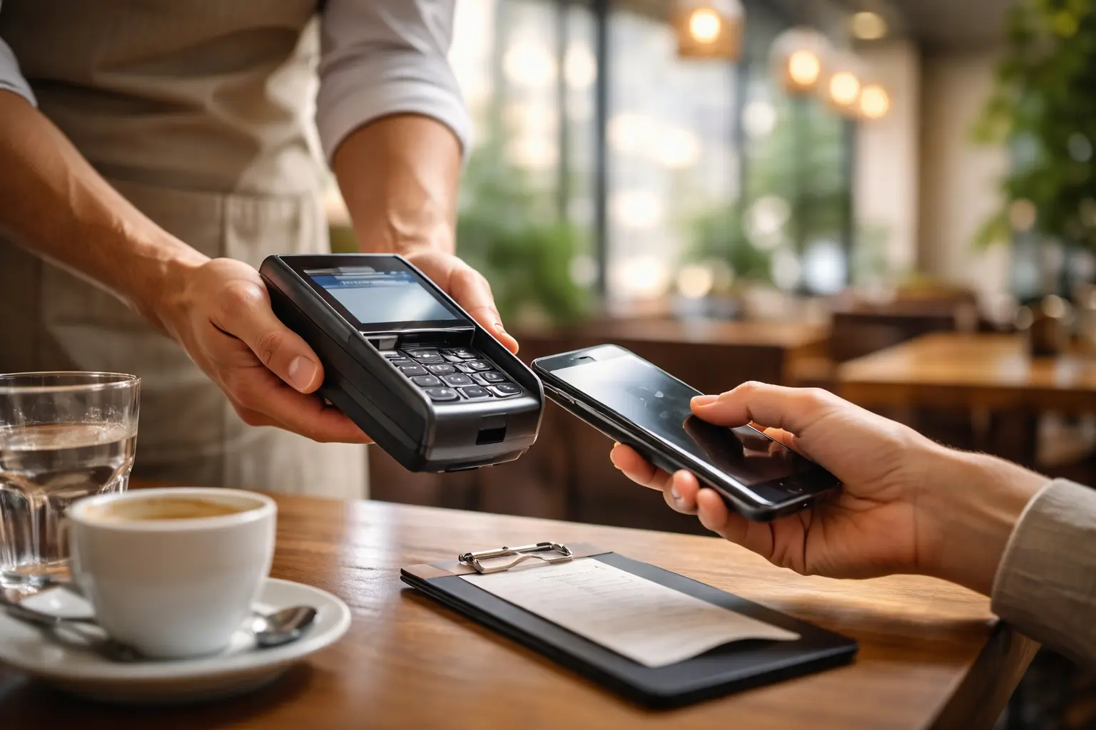 Kellner hält das Kartenterminal über den Tisch, der Gast bezahlt kontaktlos mit dem Smartphone.