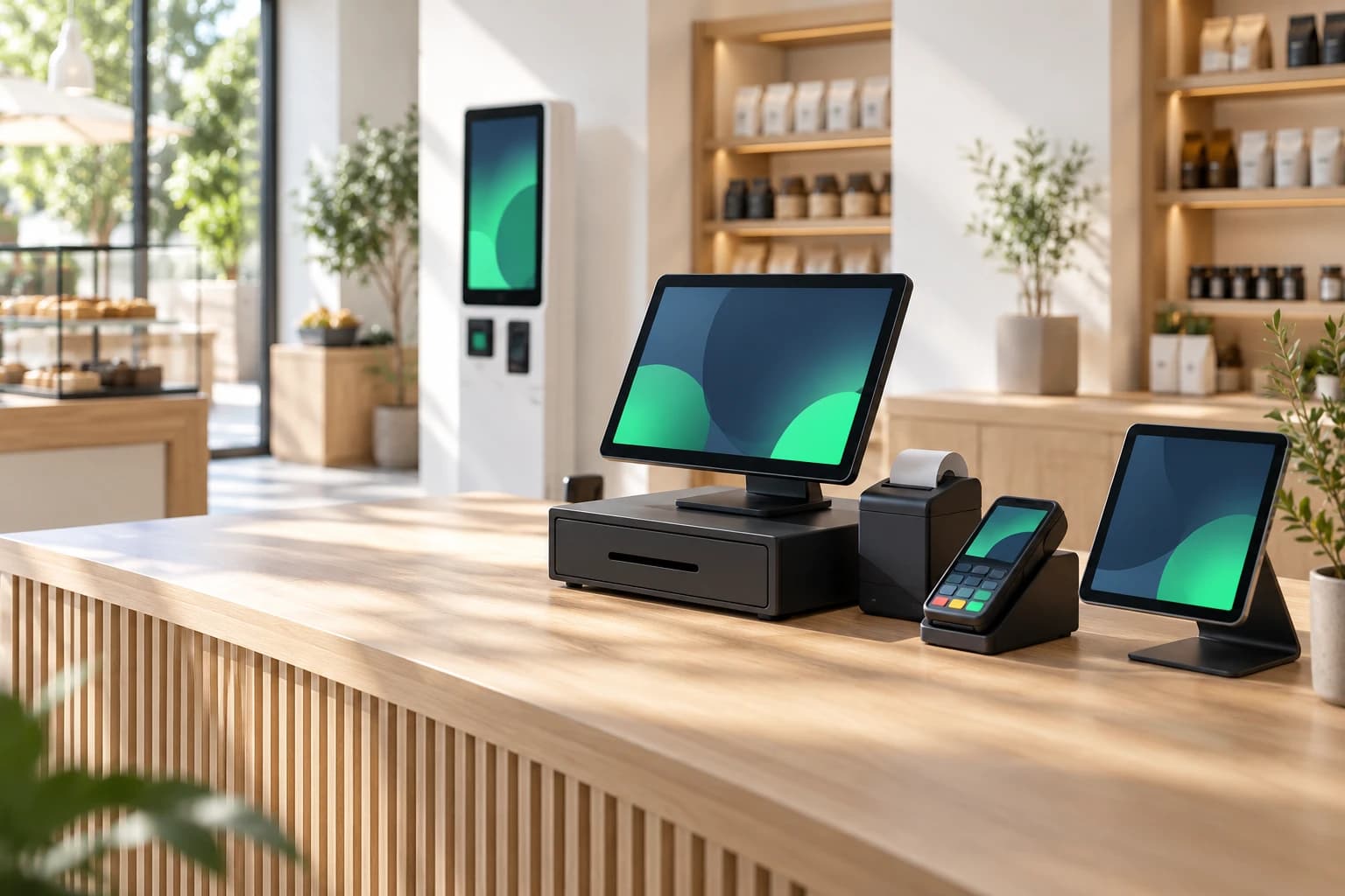 Verkaufstresen mit Kasse, Bondrucker, Kartenterminal in der Ladestation und Tablet-Kasse, im Hintergrund eine SB-Kasse.