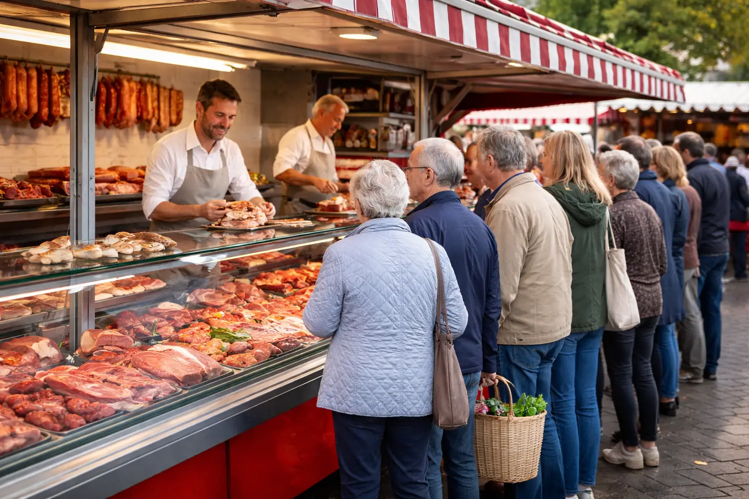 Kundenschlange vor einem Metzgerstand auf dem Wochenmarkt, zwei Verkäufer bedienen an der Theke.