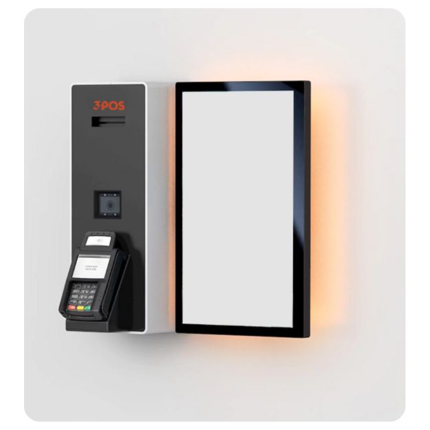 Wandmontiertes 3POS-Bestellterminal mit hochkantem Touchscreen und seitlich angebautem Bezahlterminal