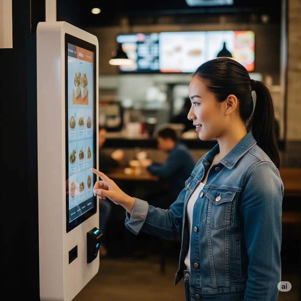 Kundin bestellt am Touchscreen eines Self-Order-Terminals in einem Schnellrestaurant