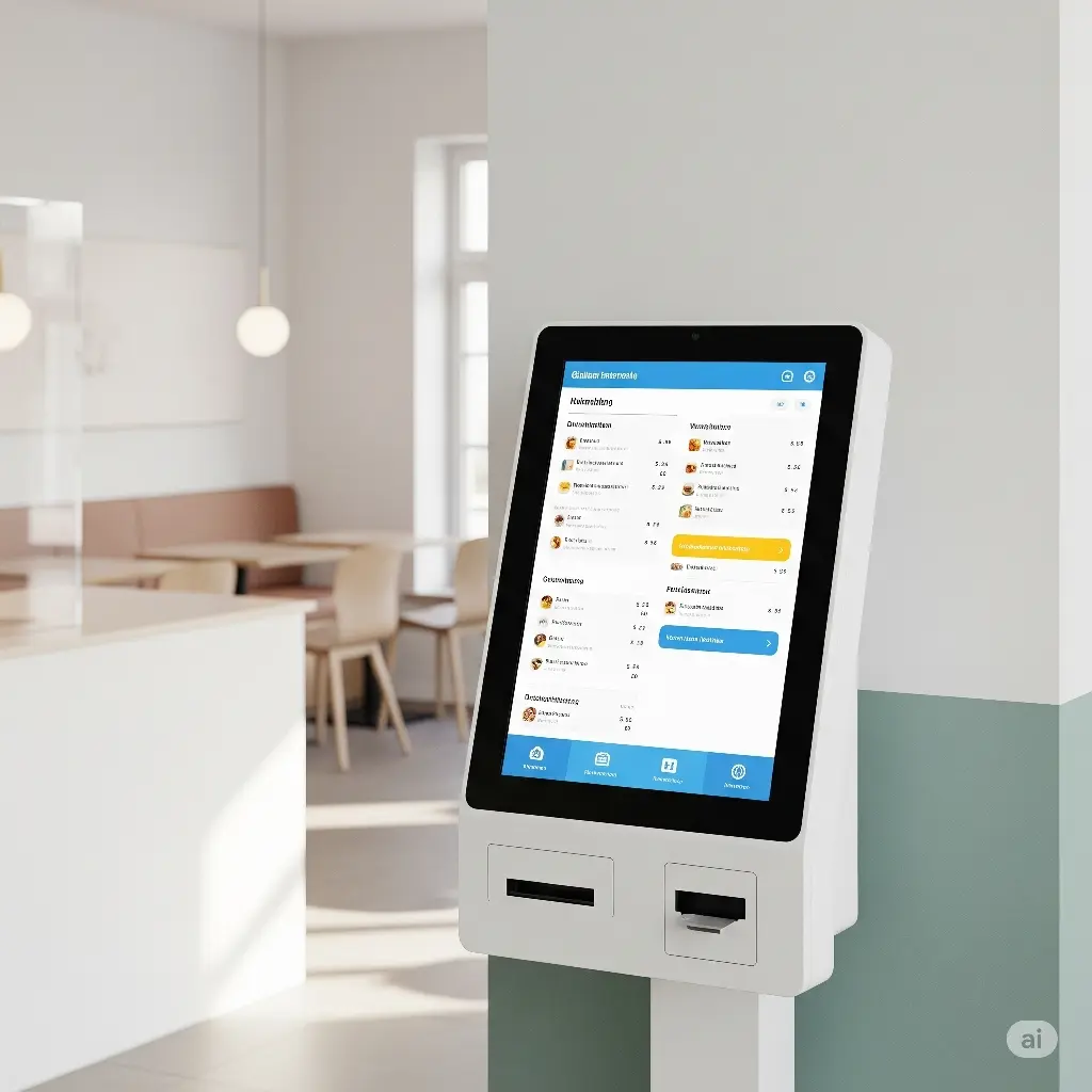 Weißes Self-Order-Terminal auf Standfuß in einem hellen Gastraum mit Sitzbereich
