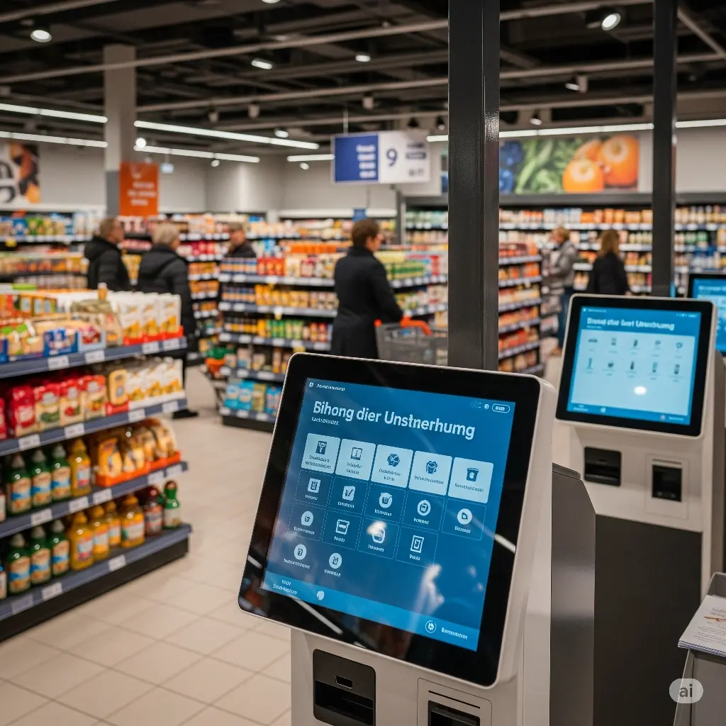 Zwei Self-Checkout-Terminals im Supermarkt, im Hintergrund Kunden zwischen den Regalen