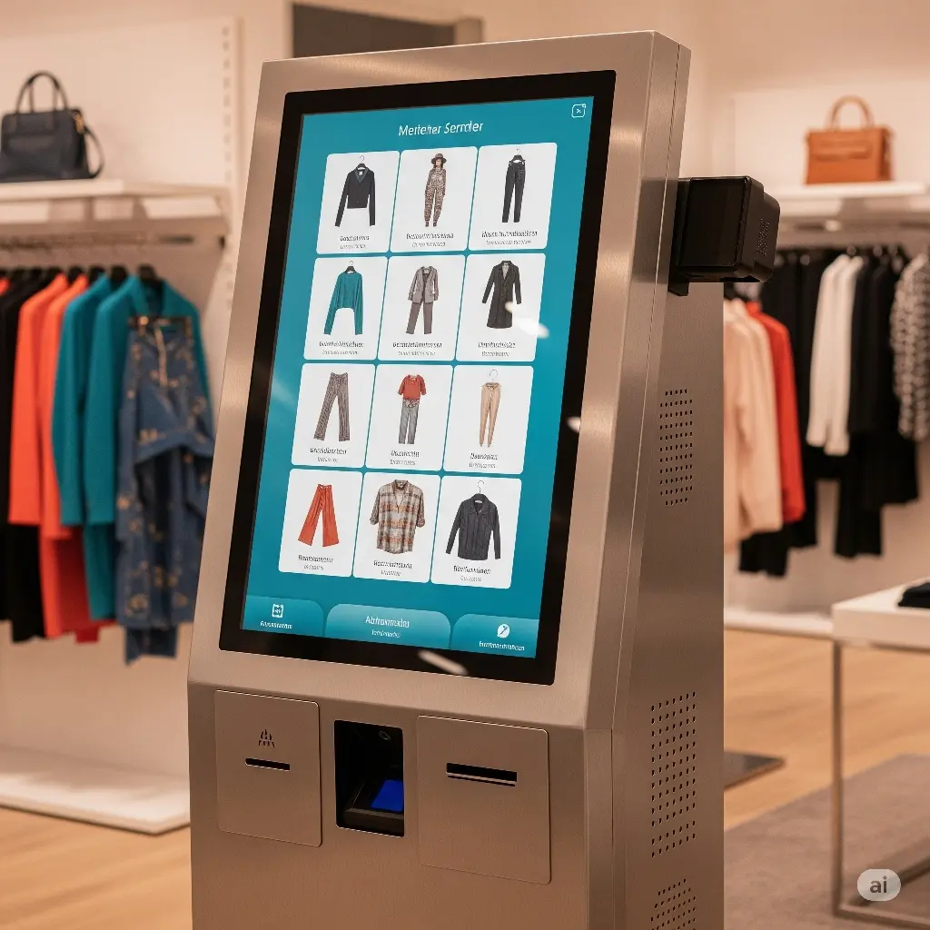 Self-Order-Terminal aus Edelstahl in einer Modeboutique, auf dem Display Kleidungsstücke zur Auswahl