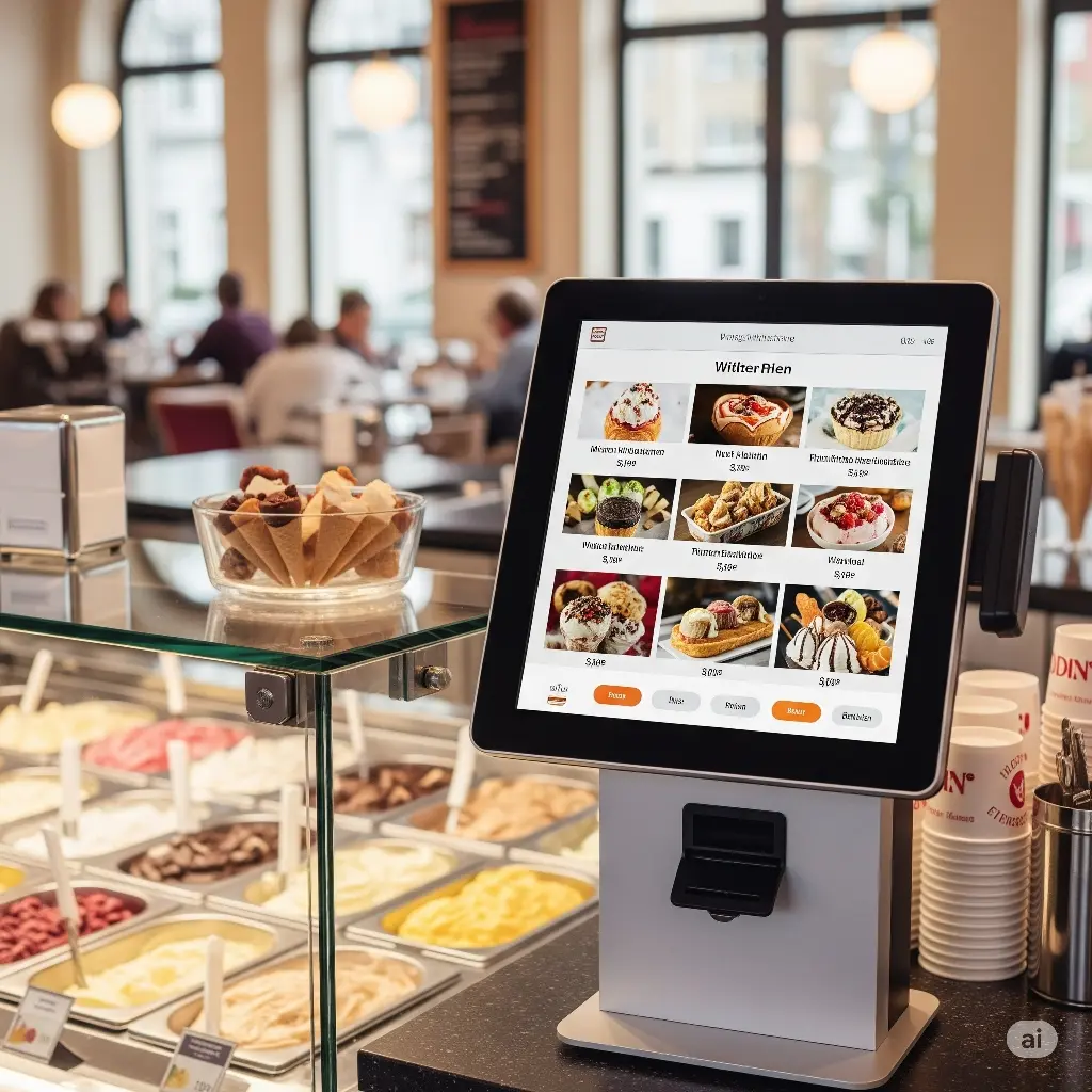 Self-Order-Terminal auf der Theke einer Eisdiele, daneben die Eisvitrine mit den Sorten