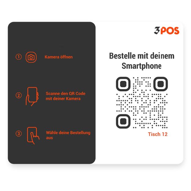 3POS-Tischaufsteller mit QR-Code und Anleitung in drei Schritten zum Bestellen per Smartphone