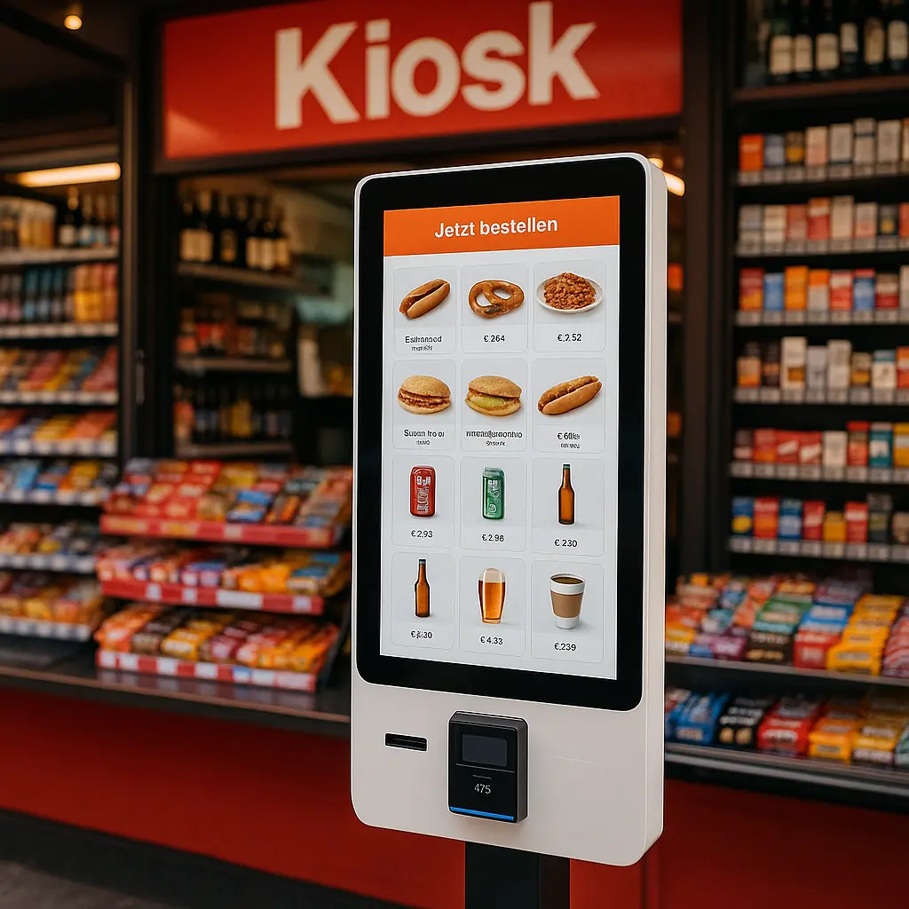 Self-Order-Terminal mit Speisekarte vor einem Kiosk mit Süßwaren- und Getränkeregalen