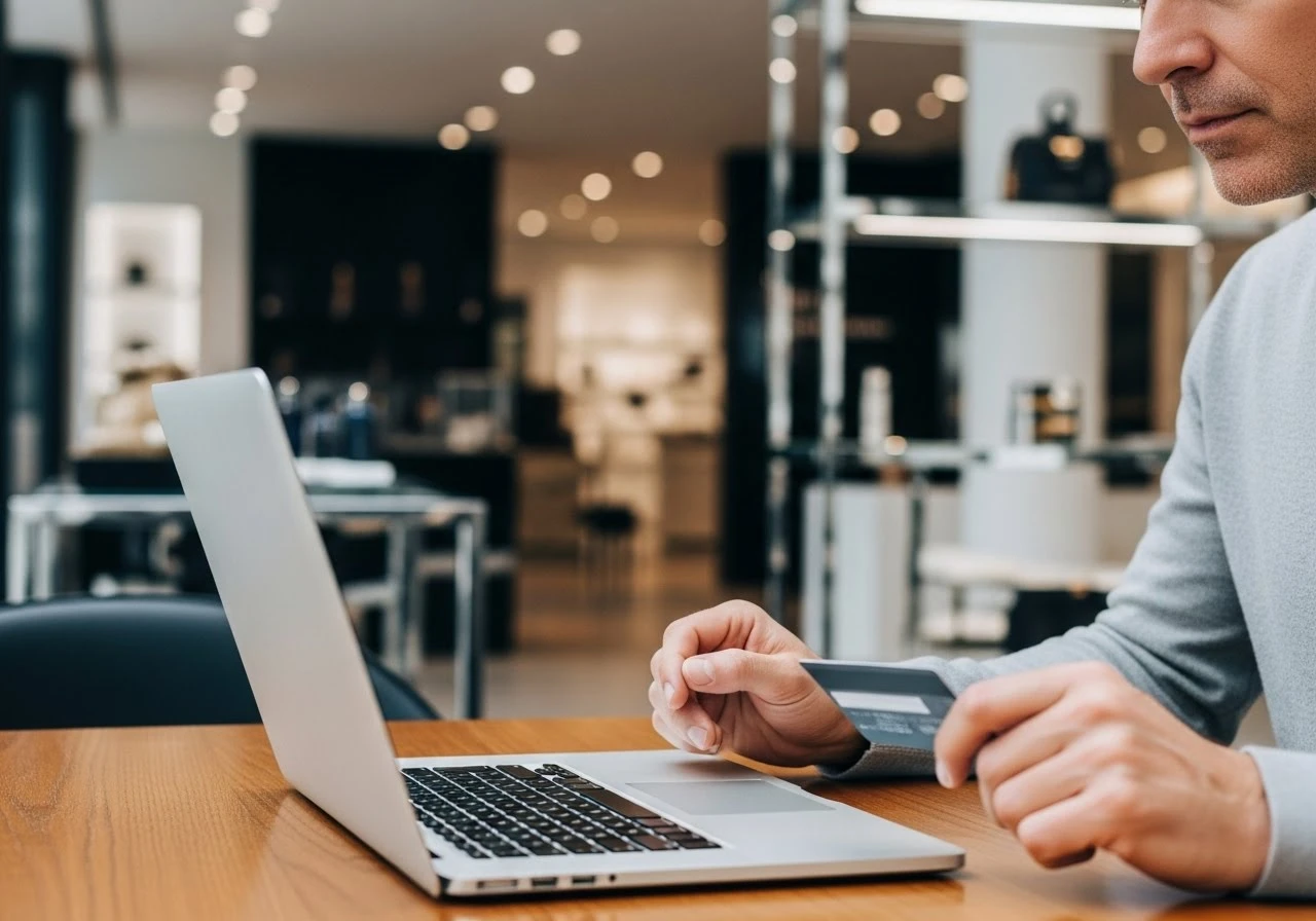 Onlineshopping mit Kreditkartenzahlung am Laptop