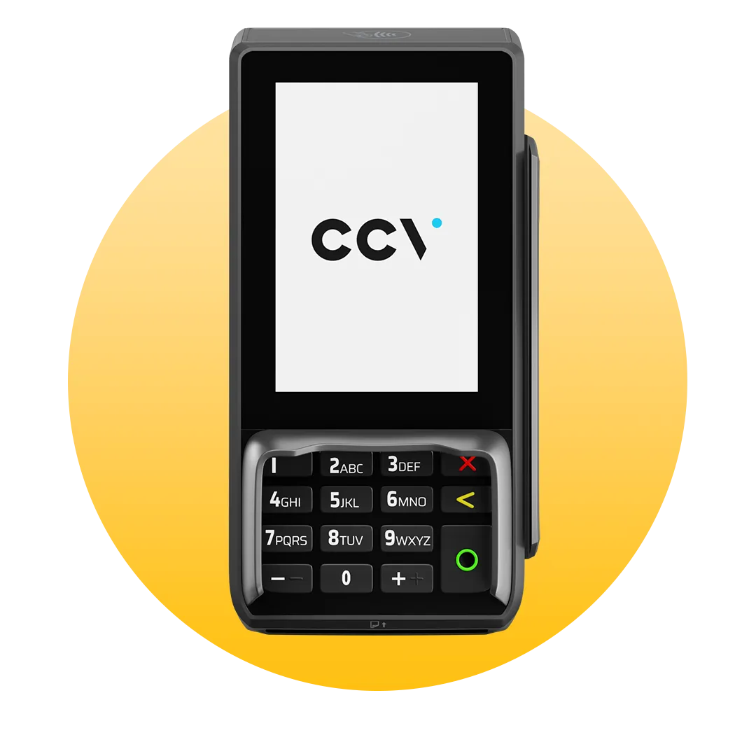 CCV Base Next: stationäres Terminal mit Farbdisplay, Tastenfeld und Kontaktlos-Leser am Gerätekopf