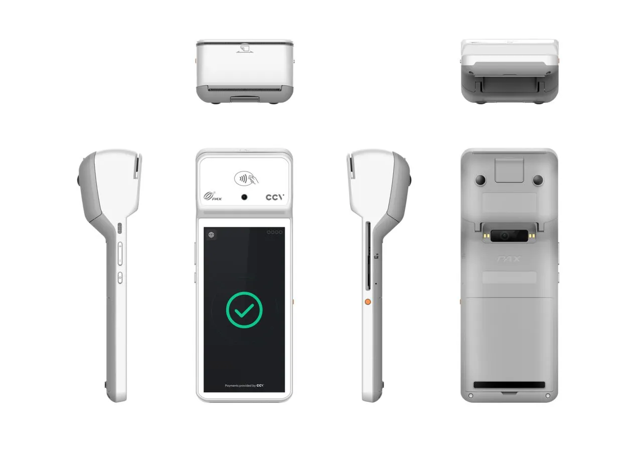 CCV Plus Mobile A960 von allen Seiten: Front mit Touchscreen, Rückseite mit Kamera, Bondrucker im Gerätekopf