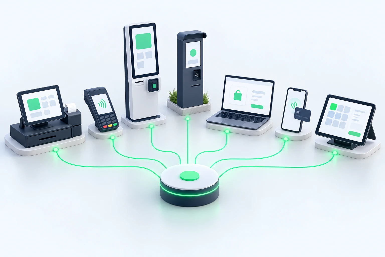 Illustration: sieben Kassenformen von der stationären Kasse bis zur Tablet-Kasse, alle mit einer gemeinsamen Zahlungsinfrastruktur verbunden