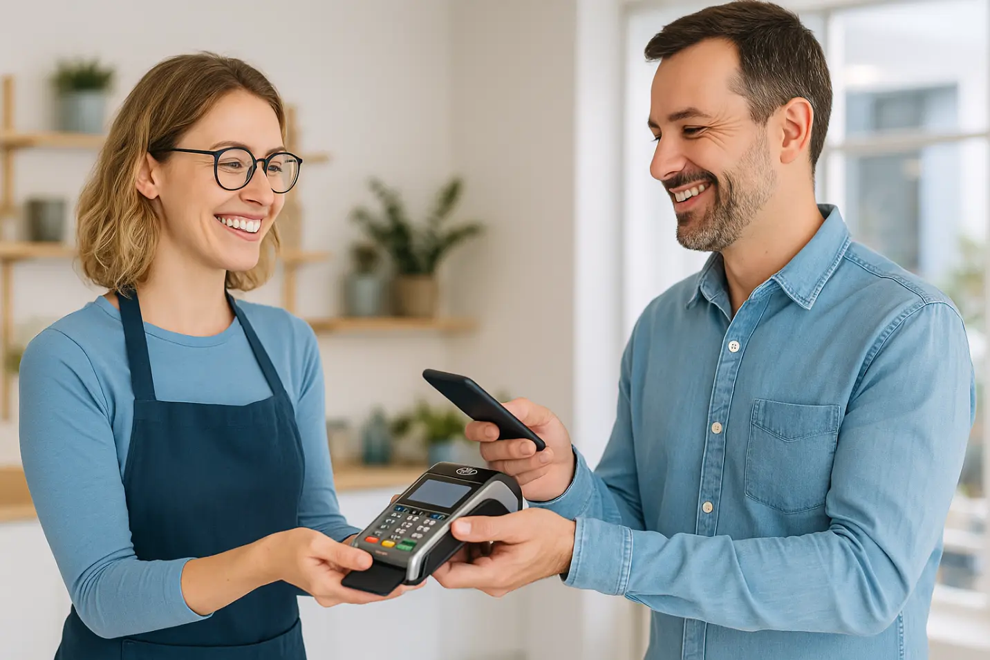 Freundlicher Ladenbesitzer hält einem Kunden ein EC-Kartenterminal hin, während der Kunde kontaktlos mit dem Smartphone bezahlt. Im Hintergrund ein heller, moderner Verkaufsraum. Szene vermittelt Vertrauen, Modernität und Einfachheit.