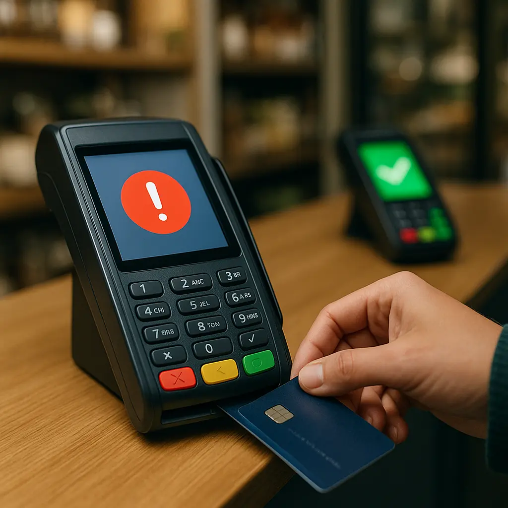 EC-Karten-Terminal mit rotem Fehlersymbol im Vordergrund, im Hintergrund ein zweites Terminal mit grünem Haken als Lösung