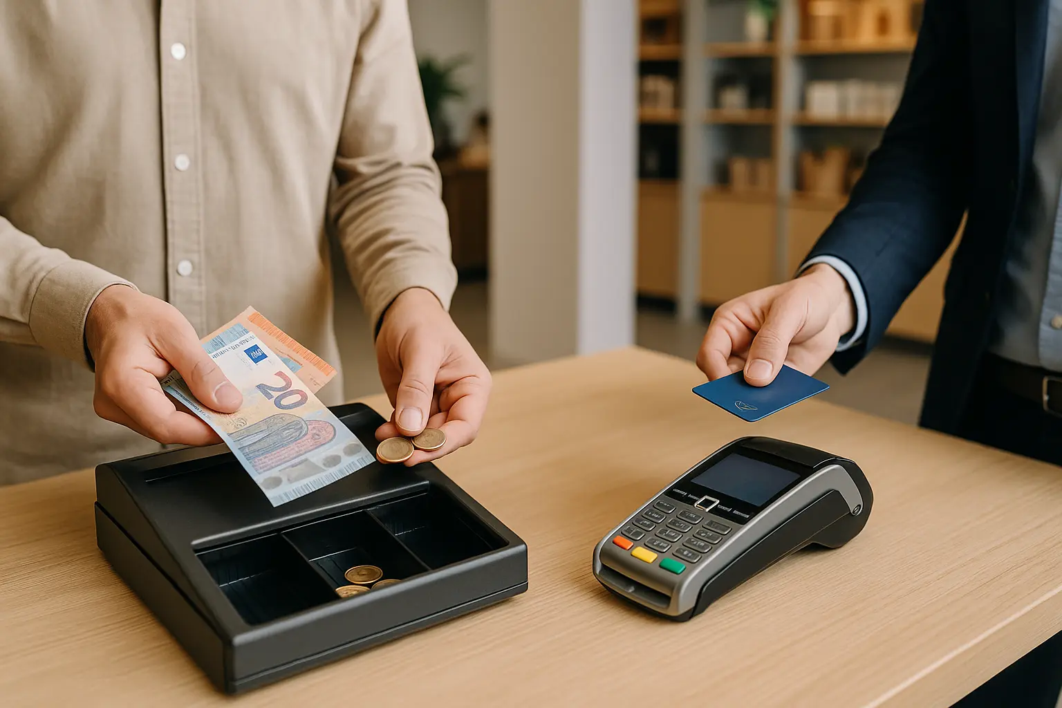 Vergleich an der Ladenkasse: Links bezahlt ein Kunde mit Euro-Scheinen und Münzen, rechts zahlt ein Kunde kontaktlos mit Karte – Barzahlung vs. Kartenzahlung